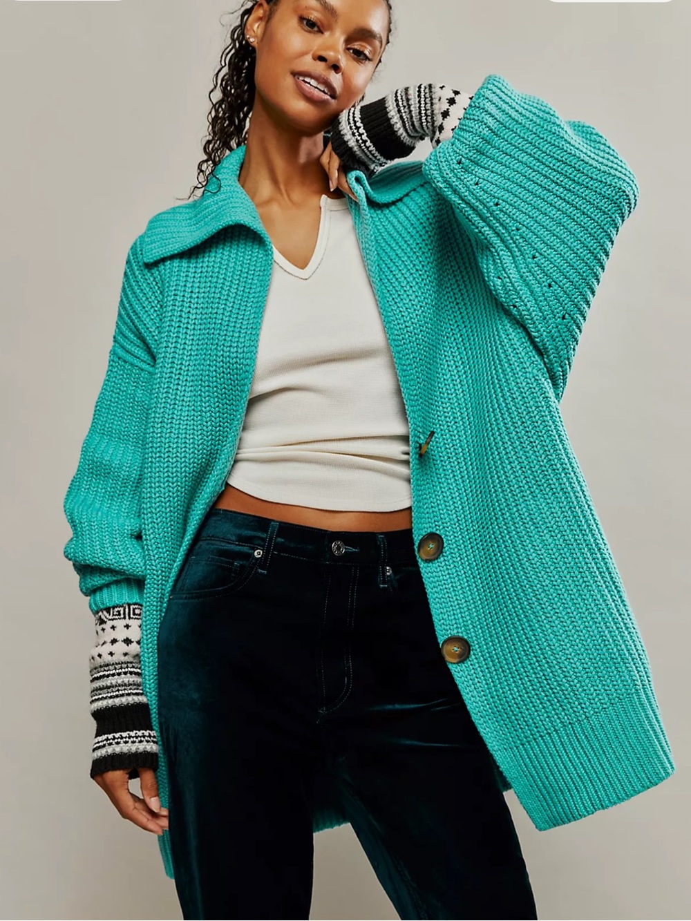 Free People Green Chunky Knit Oversized Cardigan Swim Too Deep Cardi